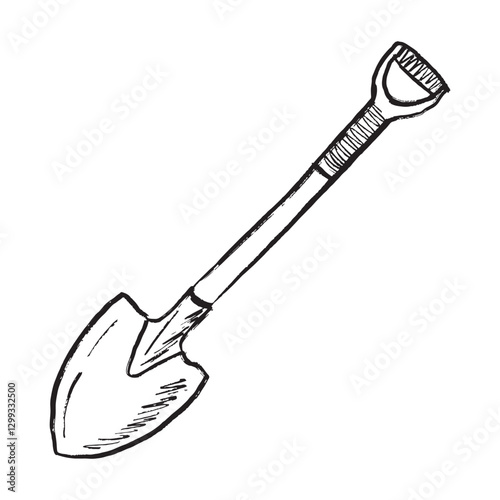 Shovel with handle in black isolated on white background. Hand drawn vector sketch illustration in doodle engraved vintage line art style. Working tool, agriculture, garden equipment