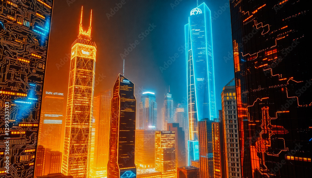 Obraz premium A futuristic metropolis with neon-lit skyscrapers and glowing circuit-like structures, symbolizing a high-tech, digital future.