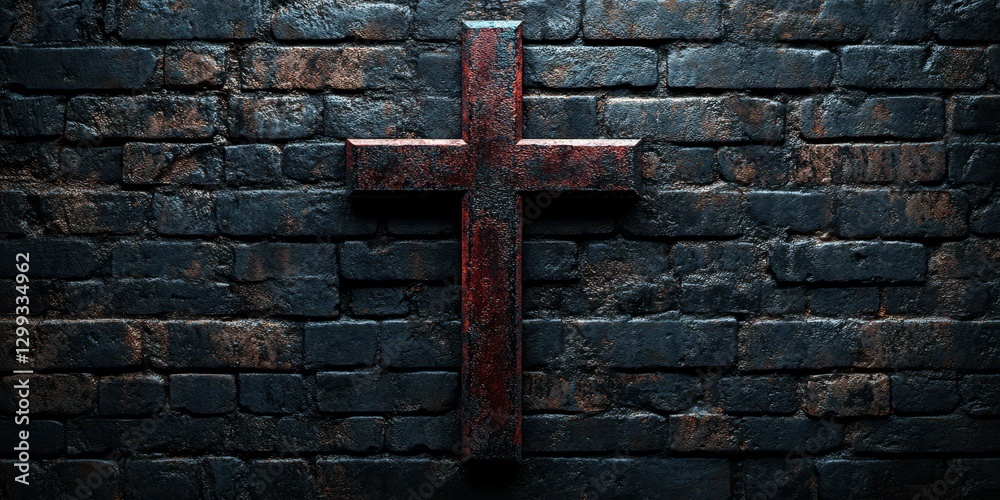 Cross mounted on a worn, dark brick wall giving a rugged, solemn atmosphere at dusk Cross mounted on a worn, dark brick wall giving a rugged, solemn atmosphere at dusk