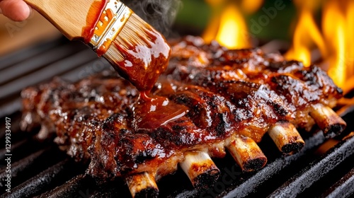 A Hand Brushing BBQ Sauce onto Sizzling Ribs on the Grill with Smoke Rising in the Background. Generative AI photo