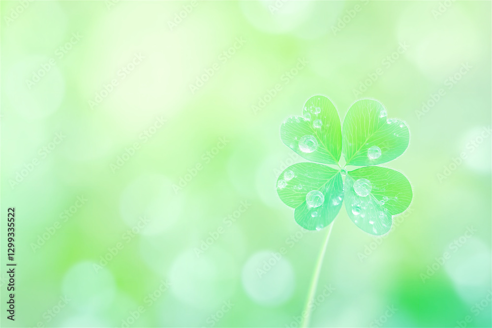 Bright green four-leaf clover covered in water droplets with softly blurred green background. Symbol of luck, prosperity and nature's wonder with copy space. Bright green four-leaf clover covered in water droplets with softly blurred green background. Symbol of luck, prosperity and nature's wonder with copy space.