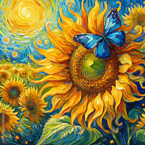 Vibrant Sunflower and Blue Butterfly in Rich Impasto Style