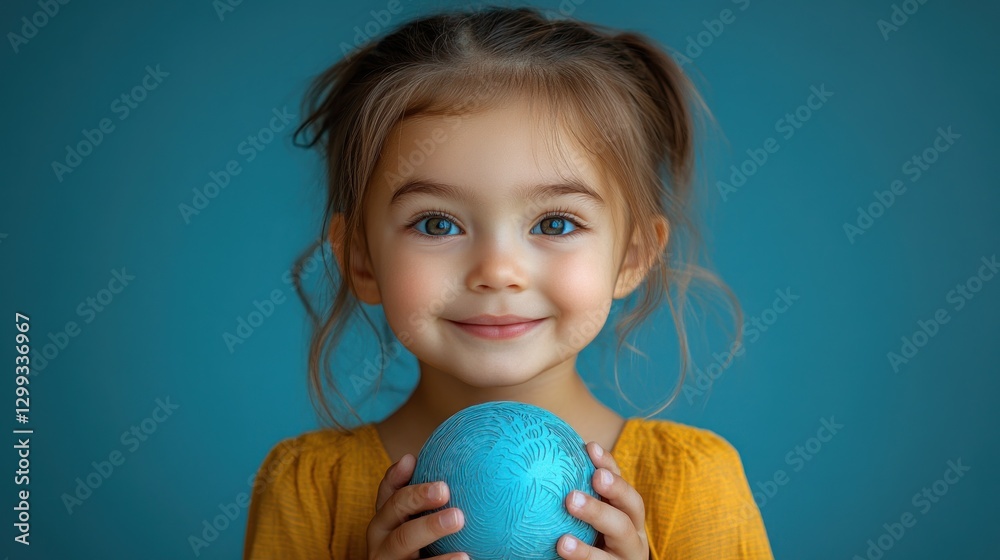 Child holding ball, studio portrait, teal backdrop Child holding ball, studio portrait, teal backdrop