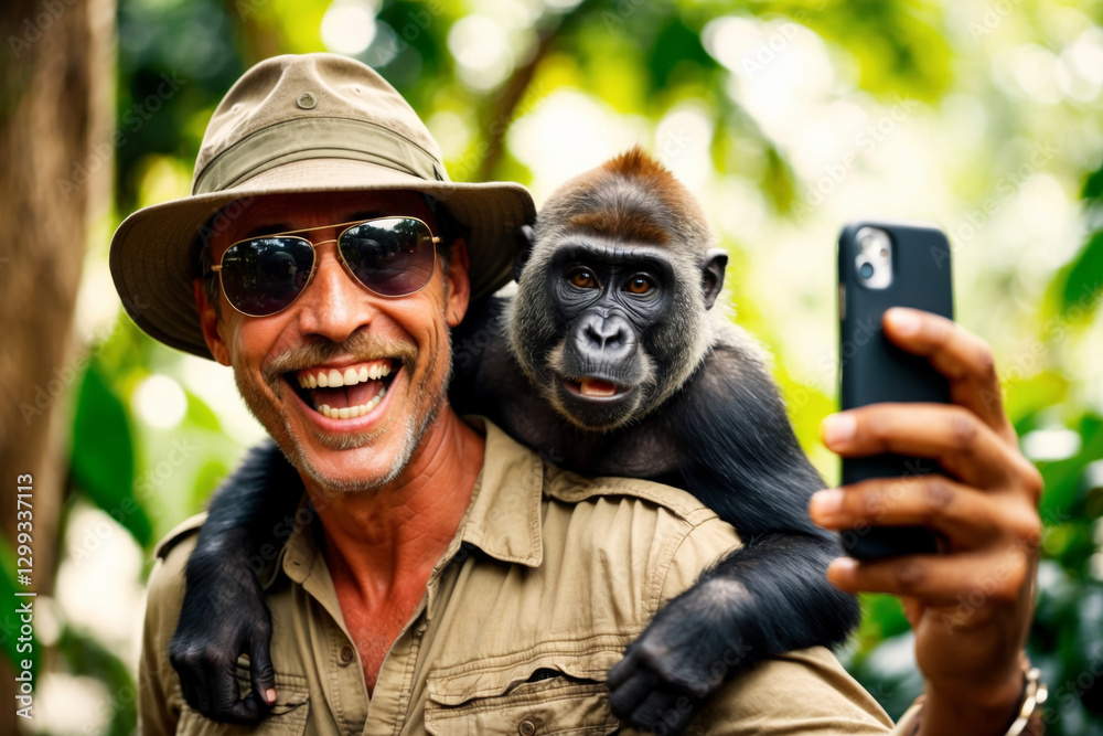 Fototapeta premium A cheerful man takes a selfie with a friendly gorilla during his jungle adventure, creating a joyful memory.