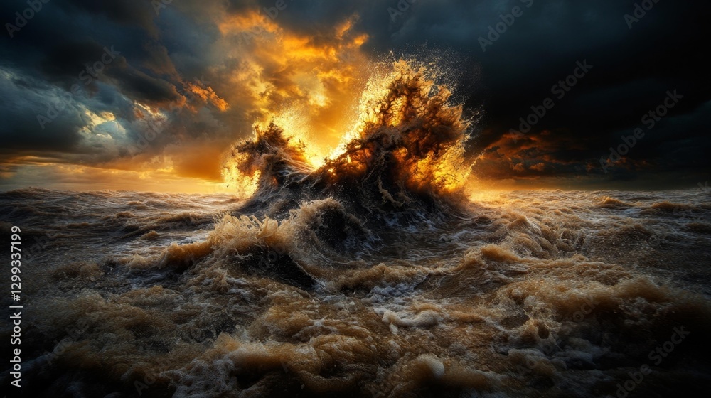 Fototapeta premium Dramatic Seascape with Crashing Waves Under Fiery Sky. Generative AI