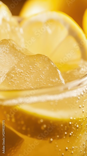 A refreshing lemonade with ice cubes and lemon slices, bubbling in a glass against a warm background