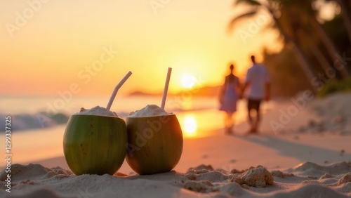 Fototapeta Naklejka Na Ścianę i Meble -  Two coconut cocktails stand on a sandy beach at sunset, with a couple walking in the distance.
Concept of: Romantic tropical getaway.