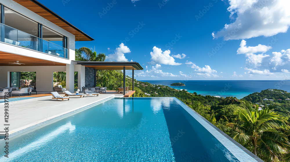 Fototapeta premium White modern luxury villa with an infinity pool and swimming pool on the hill overlooking the tropical beach