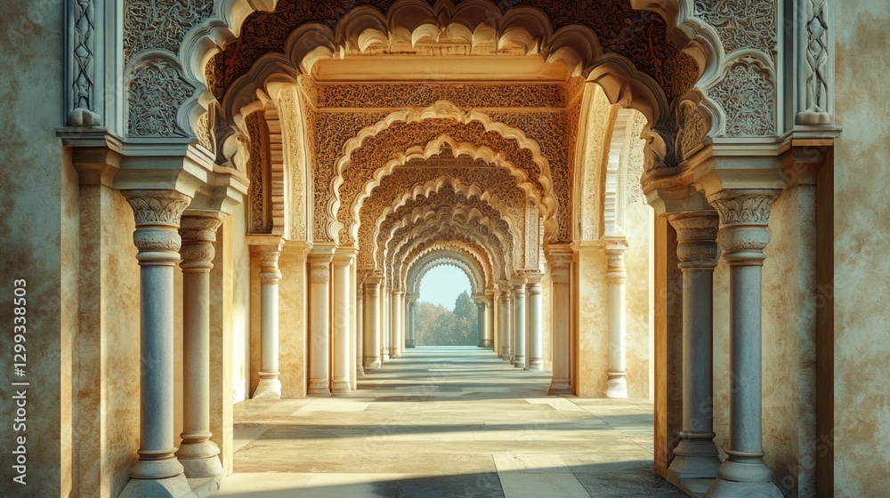 Fototapeta premium Sunlit Palace Colonnade: Ornate Arches and Intricate Stone Carvings
