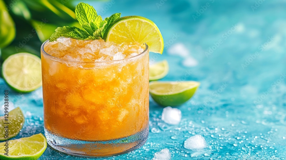 Fototapeta premium A refreshing Mai Tai cocktail with crushed ice lime wedges and a mint sprig served in a tiki glass. Generative AI