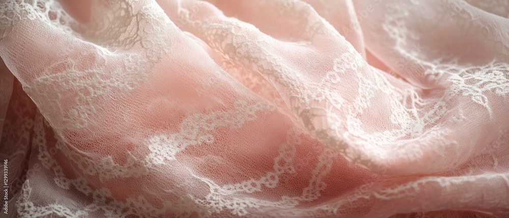 Fototapeta premium Folded pink lace fabric with white floral pattern texture for design