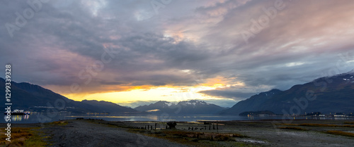 Panoramic view of scenic Port Valdez landscape in sunset.