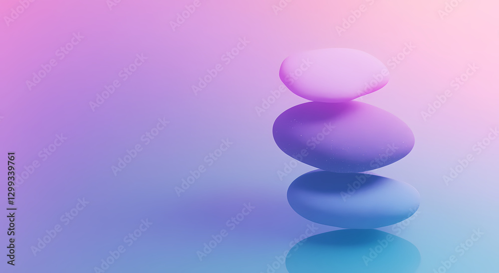 a modern, minimalistic background with levitating Zen stones on a blue and purple gradient color backdrop