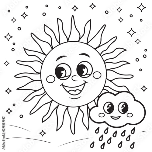 Sun and Rainy Cloud Coloring Page for Kids