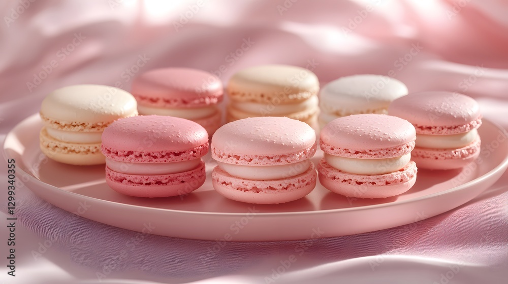 Fototapeta premium Delectable Scene Featuring Vibrant Macarons on Charming Plates with a Soft Gradient Background