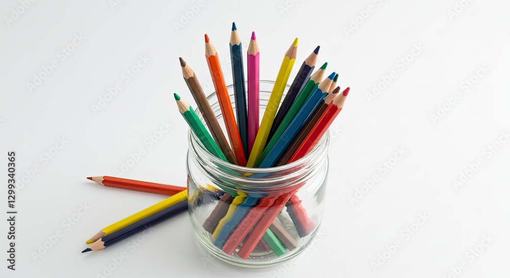 Colorful Pencils in Glass Jar on White Background Arts and Crafts Colorful Pencils in Glass Jar on White Background Arts and Crafts