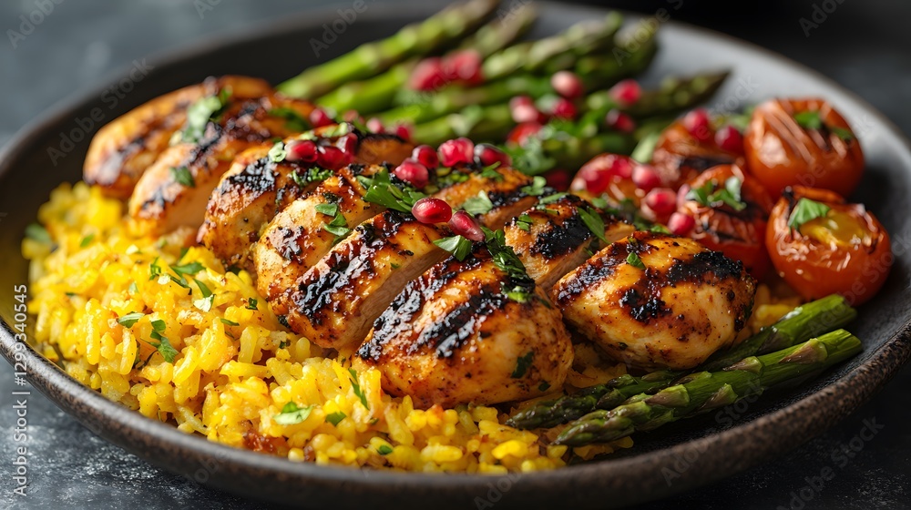 A Colorful Culinary Delight: Saffron Chicken with Turmeric Rice and Grilled Vegetables A Colorful Culinary Delight: Saffron Chicken with Turmeric Rice and Grilled Vegetables