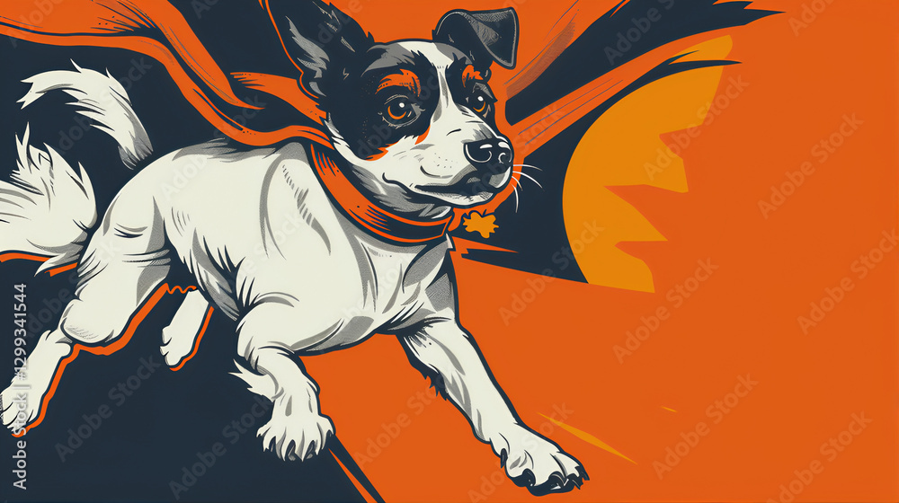 Fototapeta premium Superhero dog silhouette with red cape flying isolated 