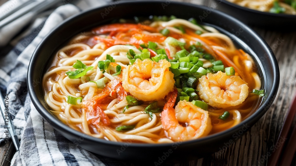 Comforting bowl of udon noodles tempura shrimp green onions and a light broth Comforting bowl of udon noodles tempura shrimp green onions and a light broth