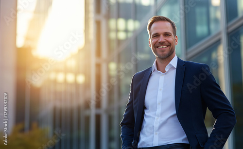 A confident middle-aged businessman in a suit and glasses smiling outdoors with warm sunlight in the background.
