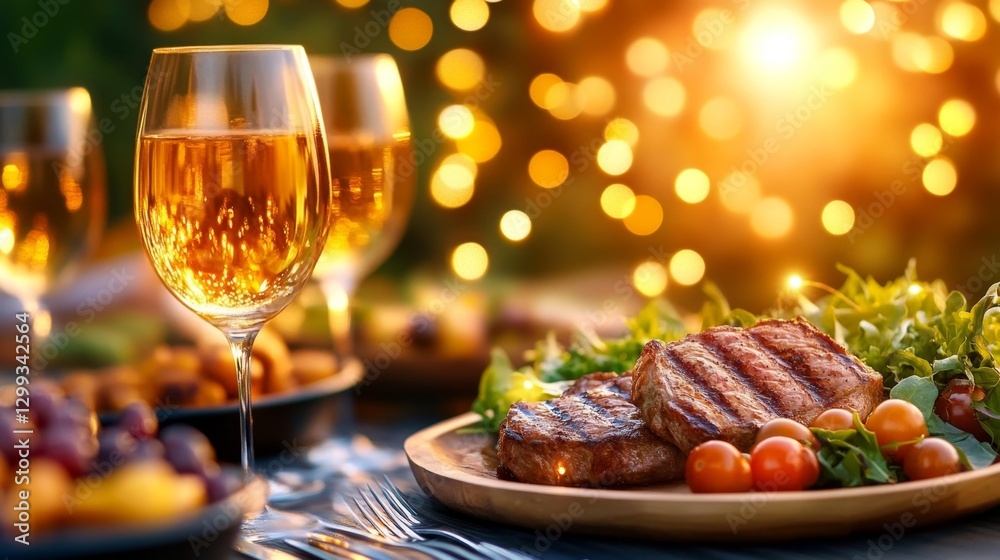Festive meal with lamb chops fresh salad and fruit platters under fairy lights. Generative AI Festive meal with lamb chops fresh salad and fruit platters under fairy lights. Generative AI