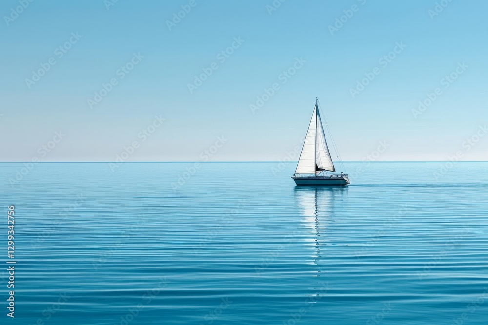 Obraz premium A single sailboat glides peacefully across a vast, blue expanse of water under a clear, blue sky, A lone sailboat drifting peacefully on the horizon, the only sign of human presence