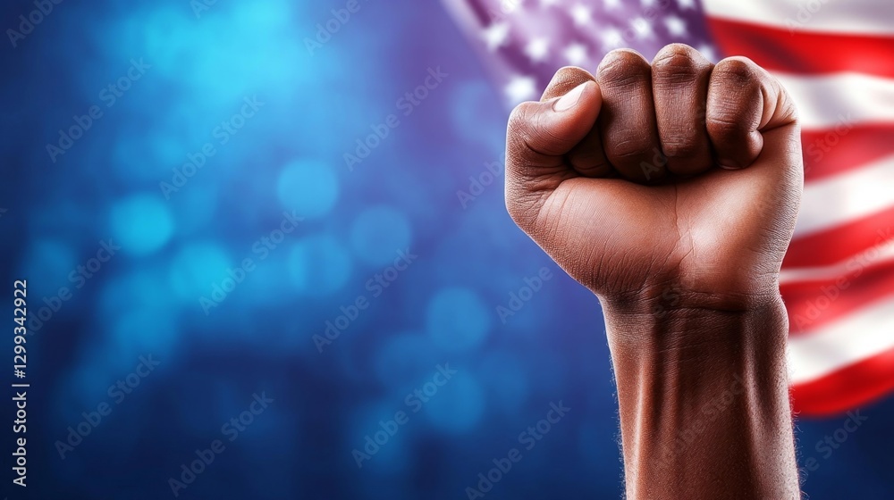 Raised Fist Symbolizing Freedom and Resistance with Flag Background. Generative AI Raised Fist Symbolizing Freedom and Resistance with Flag Background. Generative AI
