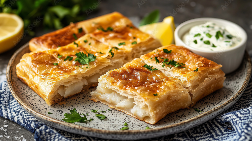 Golden, crispy puff pastry filled with melted cheese, garnished with fresh parsley, served with yogurt dip and lemon slices on a rustic plate Golden, crispy puff pastry filled with melted cheese, garnished with fresh parsley, served with yogurt dip and lemon slices on a rustic plate