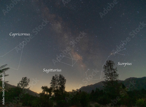 Milky Way and constellation outlines over Sequoia National Park