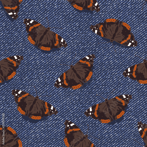 Seamless denim pattern with admiral butterfly with spread wings. Top view. Boho style. Grunge textured background.