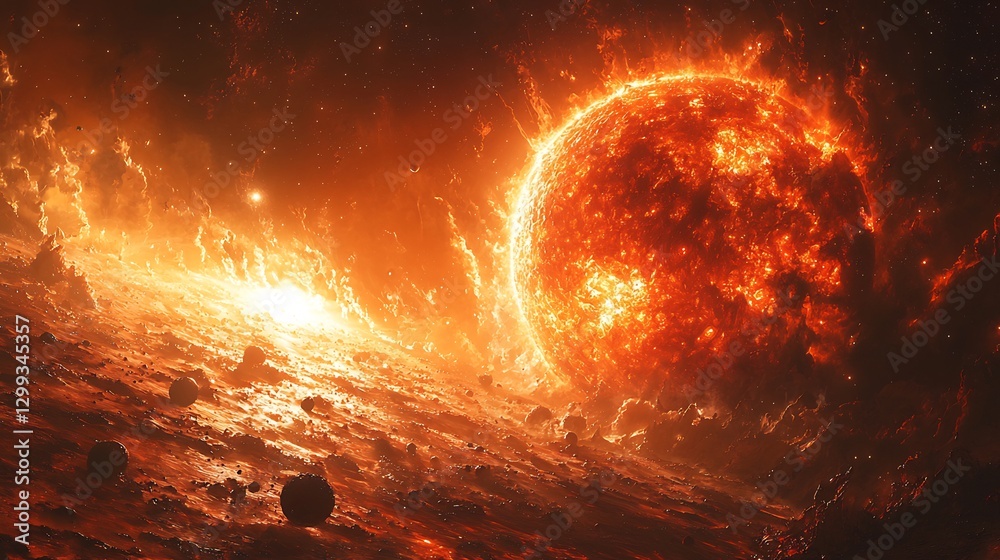 Fototapeta premium Dying red giant surrounded by asteroid fragments from destroyed planets cosmic devastation