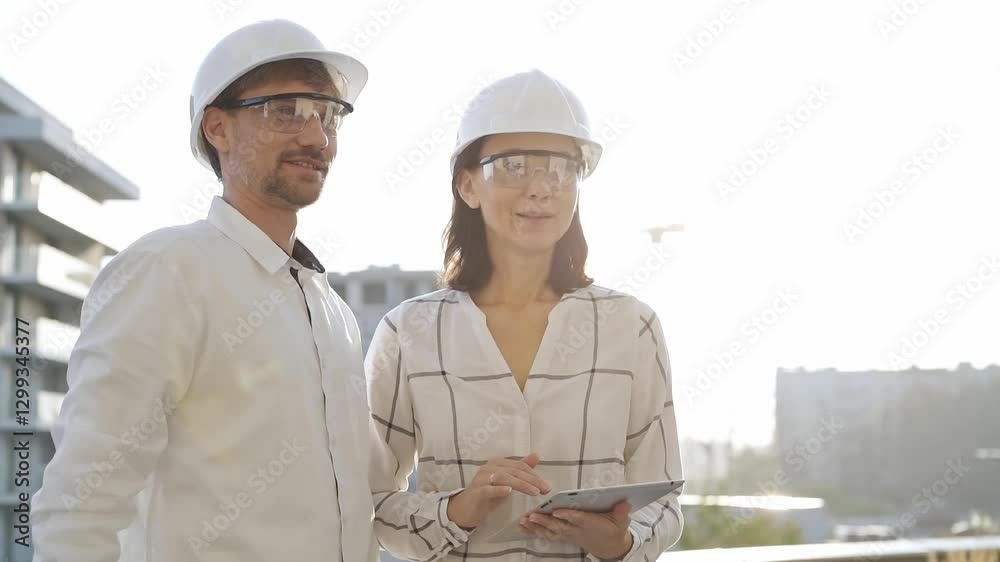 Two architects colleagues, wearing safety helmets and glasses, are standing near each other and discussing a construction site progress during sunrise or sunset. Architecture and engineering Two architects colleagues, wearing safety helmets and glasses, are standing near each other and discussing a construction site progress during sunrise or sunset. Architecture and engineering