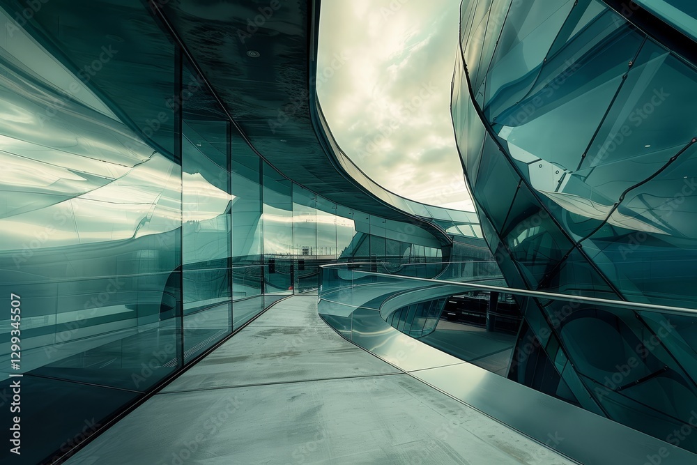 Fototapeta premium An abstract view of a modern buildings facade, showcasing curved glass panels that create a distorted perspective, Distorted and warped perspective through curved glass