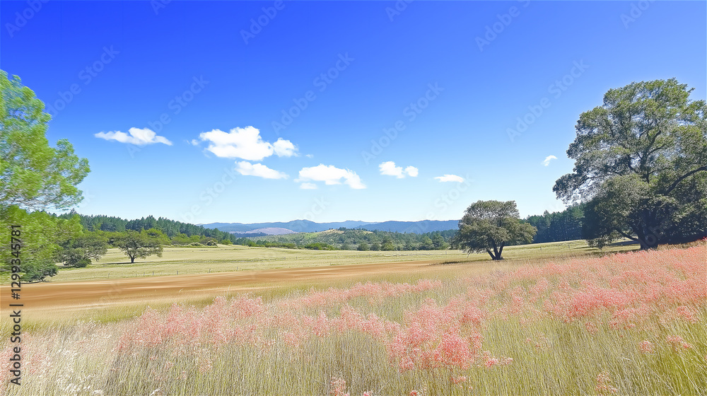 Fototapeta premium A scenic view of a countryside landscape with rolling green hills and a bright blue sky. The natural beauty of the landscape evokes peace and relaxation.