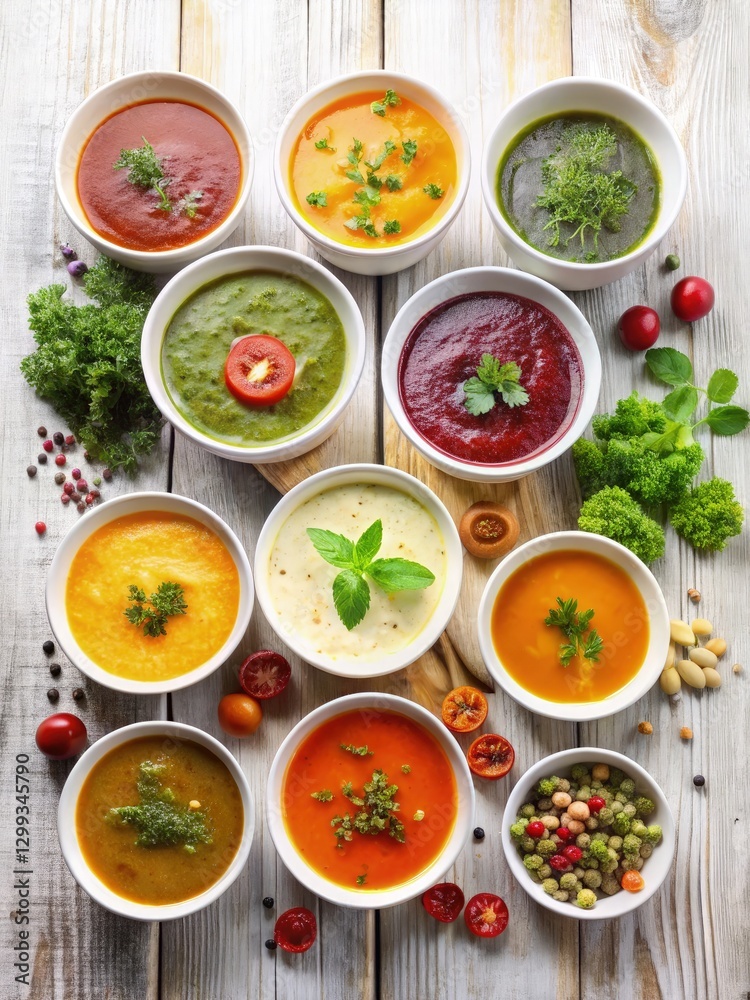 Healthy Soup Cleanse Variety Displayed in Bowls. Generative AI Healthy Soup Cleanse Variety Displayed in Bowls. Generative AI