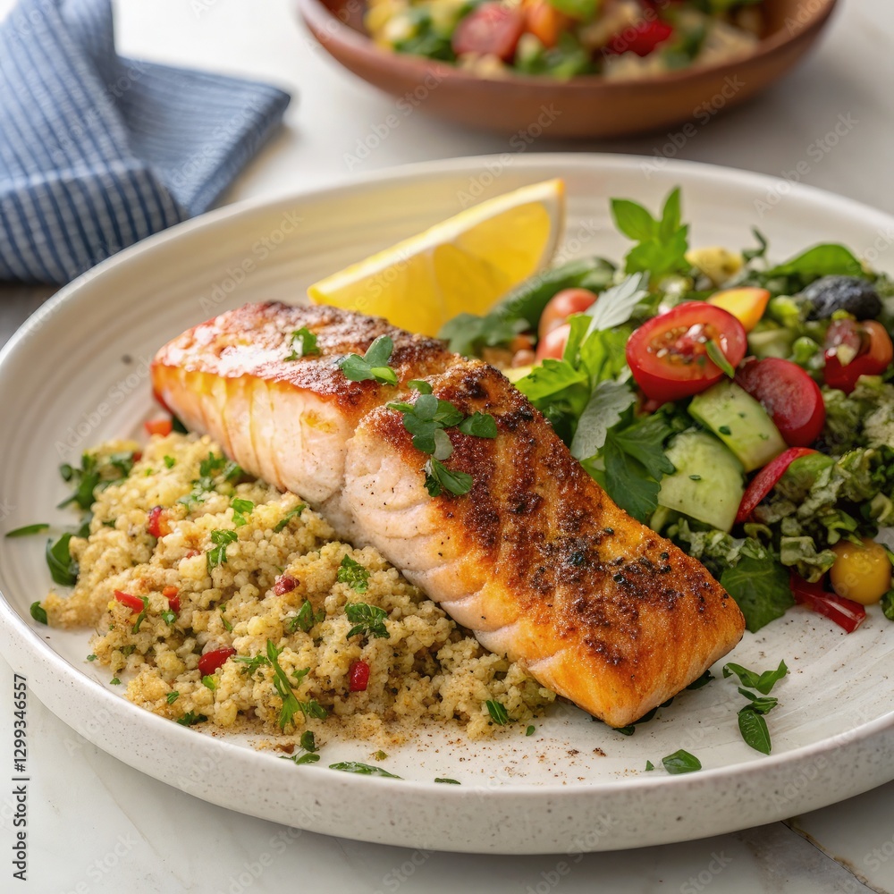 Tandoori Roasted Salmon Served With Herbed Quinoa and Salad. Generative AI Tandoori Roasted Salmon Served With Herbed Quinoa and Salad. Generative AI