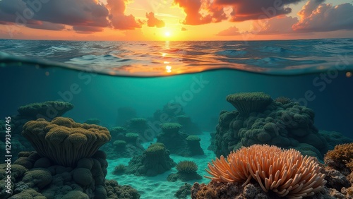 Wallpaper Mural Split view of a coral reef affected by bleaching at sunset with vibrant sky reflections	 Torontodigital.ca