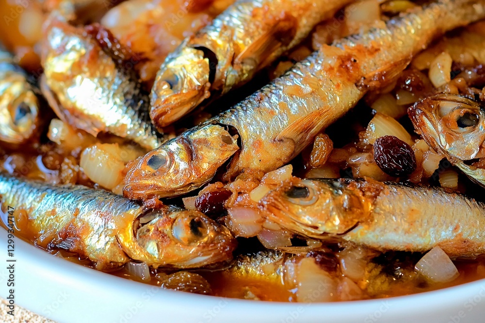 Freshly grilled sardines line a white plate, accompanied by caramelized onions and raisins, showcasing a delicious seafood dish typically enjoyed at coastal locales Freshly grilled sardines line a white plate, accompanied by caramelized onions and raisins, showcasing a delicious seafood dish typically enjoyed at coastal locales