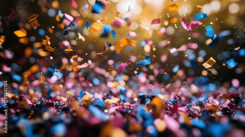 Colorful confetti falling, celebration outdoors