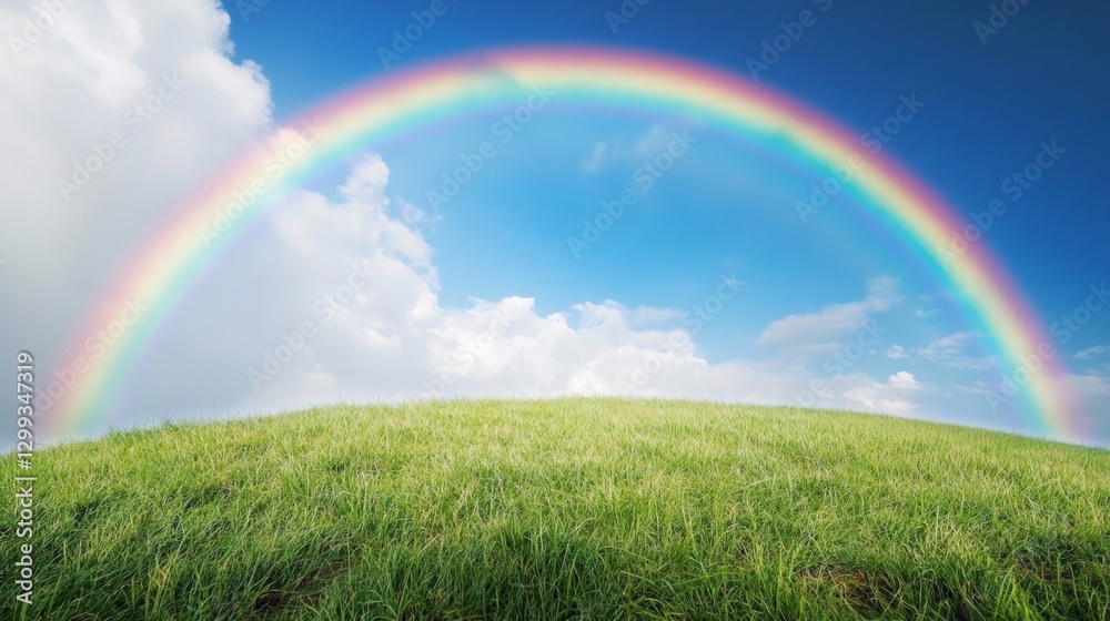 Vibrant Rainbow Over Lush Green Hill Under Bright Blue Sky Vibrant Rainbow Over Lush Green Hill Under Bright Blue Sky