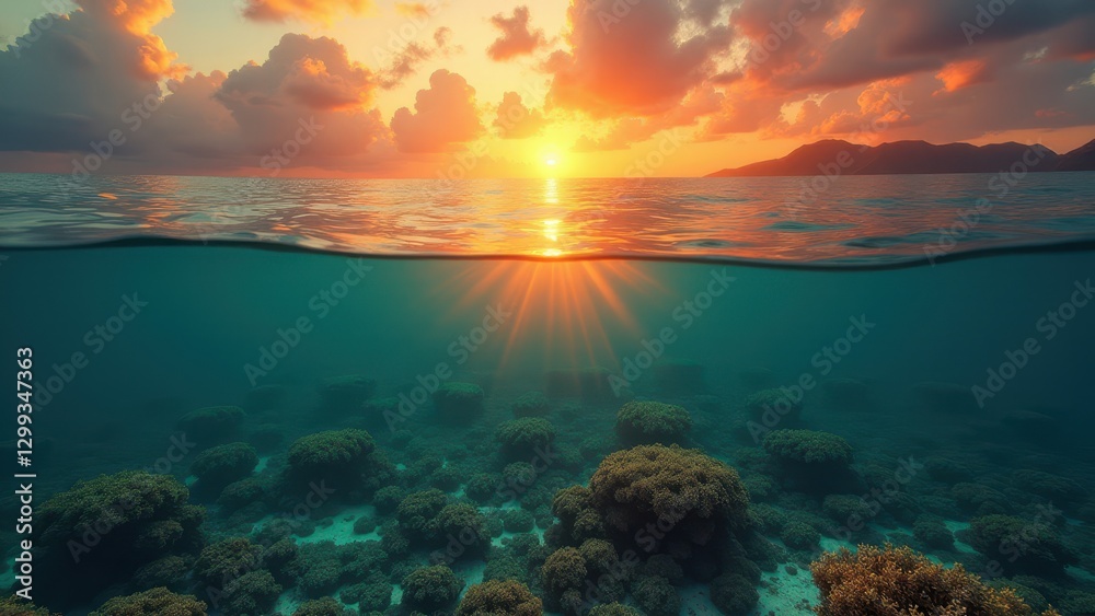 Fototapeta premium Split view of a coral reef affected by bleaching at sunset with vibrant sky reflections 