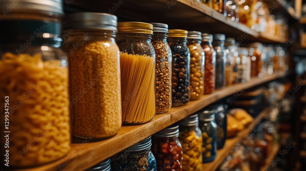 Jars of Dry Goods on Shelves, stacked, for Food Storage Jars of Dry Goods on Shelves, stacked, for Food Storage