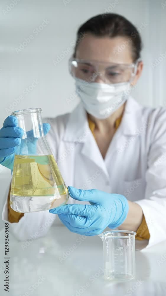 Woman scientist, wearing a lab coat, blue protective gloves, is holding an Erlenmeyer flask with yellow oily liquid in laboratory setting, portrait and vertical view. Medicine, science concept Woman scientist, wearing a lab coat, blue protective gloves, is holding an Erlenmeyer flask with yellow oily liquid in laboratory setting, portrait and vertical view. Medicine, science concept
