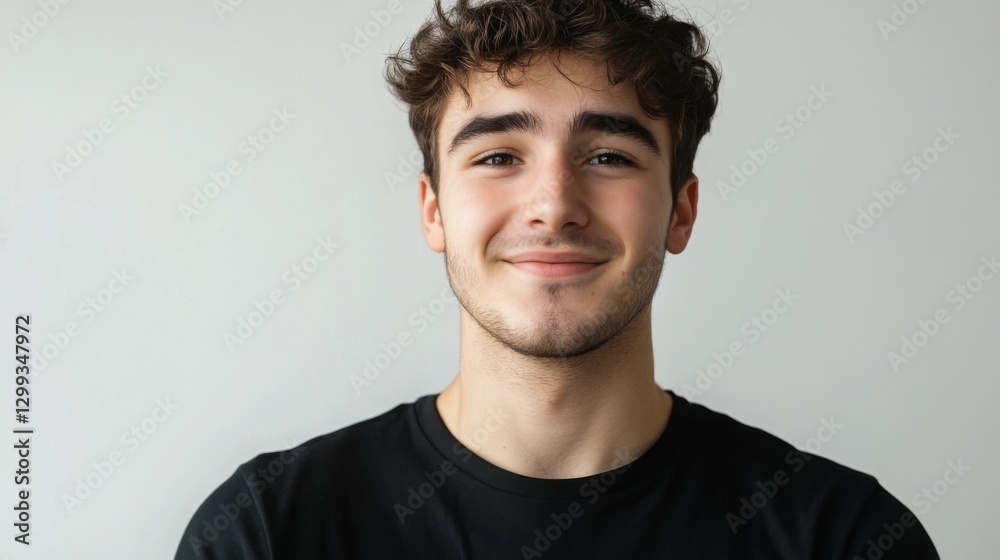 Obraz premium Young man with curly hair smiles warmly against a light background in a casual black t-shirt during daylight hours