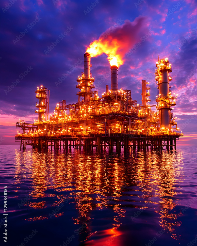 Obraz premium Offshore refinery sunset glow