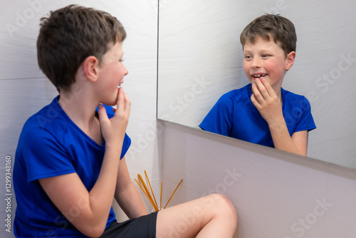 Boy examines his new gap from a lost milk tooth photo