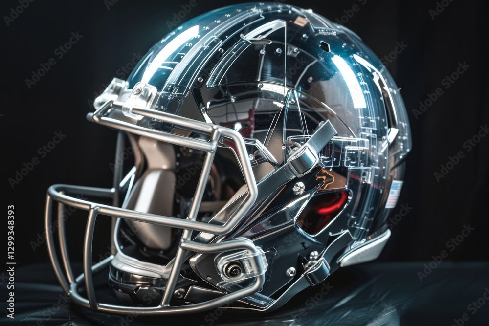 Fototapeta premium A sleek, transparent football helmet with intricate details, highlighting advanced design and craftsmanship, Illustrate the innovation and craftsmanship behind a football helmet