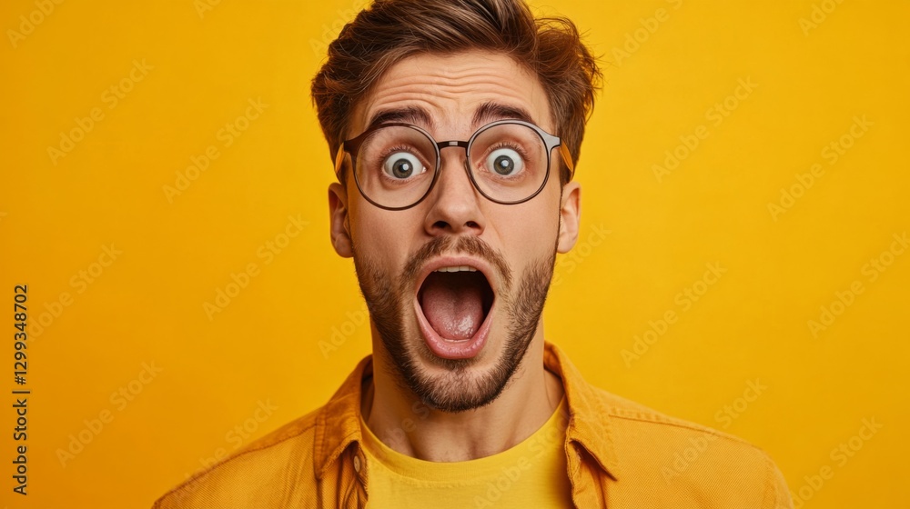 Young man shows excitement with open mouth expression against a bright yellow background during daytime Young man shows excitement with open mouth expression against a bright yellow background during daytime