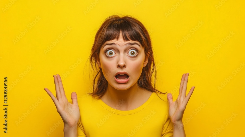 Woman expresses surprise with wide eyes and open palms against a bright yellow background while wearing a matching top Woman expresses surprise with wide eyes and open palms against a bright yellow background while wearing a matching top