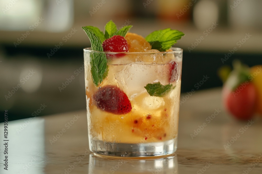 Refreshing Spring Cocktail with Berries and Mint - Close-Up View Refreshing Spring Cocktail with Berries and Mint - Close-Up View